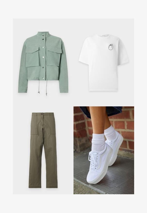Kurzarmige, cropped, grüne Jacke mit zwei Fronttaschen und Druckknöpfen, ausgestattet mit Kordeln am Saum und einem Stehkragen.; Weißes T-Shirt mit kurzen Ärmeln und einer kleinen schwarzen Linienzeichnung einer zusammengerollten Katze auf der oberen linken Brust.; Olivgrüne Baumwollhosen mit geradem Bein, zwei großen Seitentaschen und einem Knopfverschluss an der Taille.; Weiße Leinensneaker mit Gummisohlen, ausgestattet mit sechs Ösen, runder Zehenpartie und dezenten Nähten, kombiniert mit weißen Knöchelsocken.