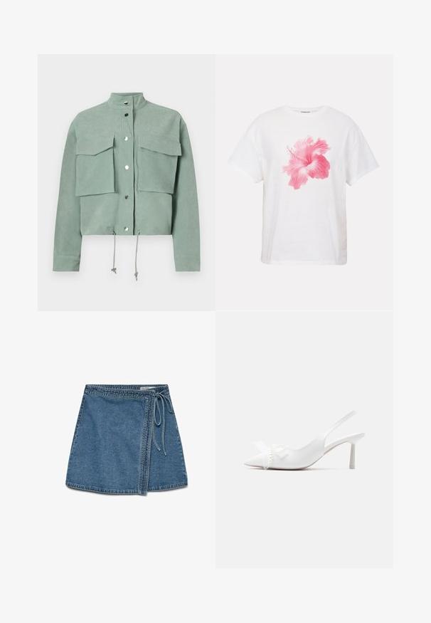 Korte mouwen, cropped, groene jas met twee voorzakken en drukknoopsluitingen, met trekkoorden aan de zoom en een opstaande kraag.; Witte T-shirt met korte mouwen met een grote roze hibiscusbloem gecentreerd op de voorkant.; Lichtblauwe denim wikkelrok met een strik in de taille, met een rechte snit en een gladde textuur. Geen zichtbare patronen of accenten.; Witte slingback kitten heel met spitse neus, versierd met een hart en strik van parelkralen op het bovenwerk.