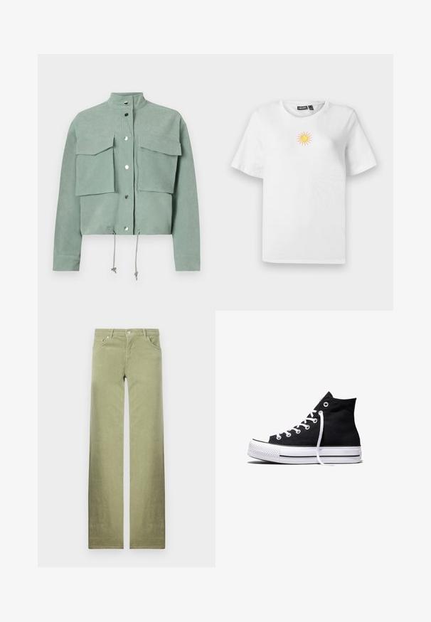 Kurzarmige, cropped, grüne Jacke mit zwei Fronttaschen und Druckknöpfen, ausgestattet mit Kordeln am Saum und einem Stehkragen.; Weißes Baumwoll-T-Shirt mit kurzen Ärmeln, das auf der Brust ein kleines, gesticktes Sonnenmotiv in Gelb und Pink zeigt.; Grüne Baumwollhosen mit geradem Bein-Design, ausgestattet mit Vorderaschen, einem Knopfverschluss und einem klaren, strukturierten Stofffinish.; Schwarzer High-Top-Canvas-Sneaker mit weißer Gummisohle und weißen Schnürsenkeln, seitlich dargestellt vor weißem Hintergrund.