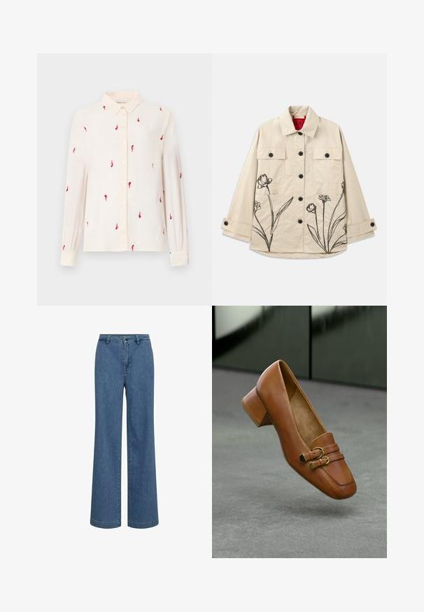 Beige bomuldsjakke med sort blomsterbroderi på nederste venstre side. Har en frontlukning med knapper og to brystlommer.; Lys beige langærmet skjorte med knap-til-kollektion, der har rød fuglebroderi over hele skjorten samt knaplukninger på fronten og manchetterne.; Bredde ben blå denim jeans med høj talje, knaplukning og klassisk fem-lomme design. Glat tekstur og ren finish.; Brun læder højhælet sko med firkantet tå, der har to dekorative stropper og guldfarvede metaldele. Glat tekstur, minimalistisk design.
