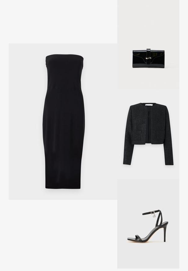 Μαύρο cropped σακάκι με υφή, μακριά μανίκια, ανοιχτό μπροστινό μέρος και δύο μπροστινές τσέπες με πάτσα.; Μαύρο μίντι φόρεμα χωρίς τιράντες με εφαρμοστή σιλουέτα και ίσια λαιμόκοψη, παρουσιάζεται σε απλό λευκό φόντο.; Μαύρο σανδάλι με ψηλό τακούνι, στενό λουράκι στον αστράγαλο, τετράγωνη μύτη, υλικό από λείο δέρμα και μεταλλικό διακοσμητικό πόρπη.; Μαύρο γυαλιστερό ορθογώνιο πορτοφόλι με μπροστινό λουράκι και ασημένιο μεταλλικό κλείσιμο, τοποθετημένο πάνω σε απλό λευκό φόντο.