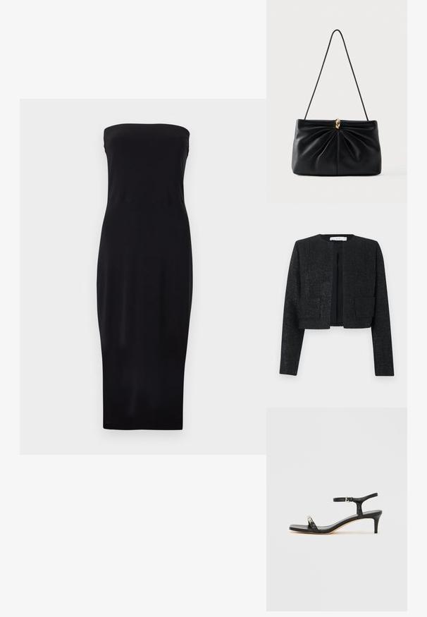 Black textured cropped blazer with long sleeves, open front, and two front patch pockets.; Black strapless midi dress with a fitted silhouette and straight neckline, displayed on a plain white background.; Black leather heeled sandal with ankle strap, open toe, square front, and silver hardware accent. Fitted design with a sleek profile.; Black leather handbag with a twisted design at the front, a single strap, and a gold hardware accent in the center. Smooth texture.