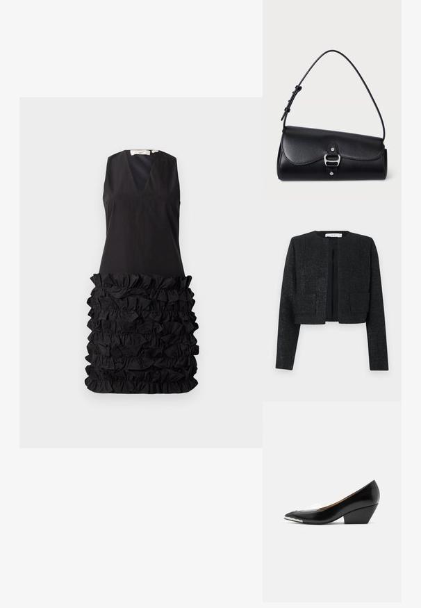 Blazer negro texturizado, corto, con mangas largas, delantero abierto y dos bolsillos de parche delanteros.; Vestido negro sin mangas con escote en V y un diseño de tejido con volantes en la cintura, parte superior lisa que contrasta con la parte inferior texturizada.; Zapato negro de mujer con tacón bajo, punta estrecha, banda transparente y detalle blanco en la parte frontal de la suela, mostrado en perfil lateral sobre fondo blanco.; Bolsa de mano de cuero negro con un diseño curvado, herrajes en plata, cierre de hebilla y una correa de hombro ajustable. Textura suave.