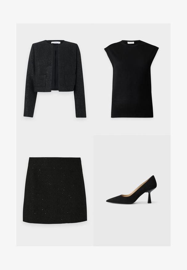 Sort struktureret kort blazer med lange ærmer, åben front og to forlommer.; Sort ærmeløs striktop med polstrede skuldre og rund hals, vist på en enkel lysegrå baggrund.; Sort struktureret mini nederdel med subtile glitrende prikker, lige snit, og uden synlige dekorationer eller mønstre.; Sorte ruskinds højhælede pumps med spids tå, der har en blank sort blokhæl og en glat indvendig foring.