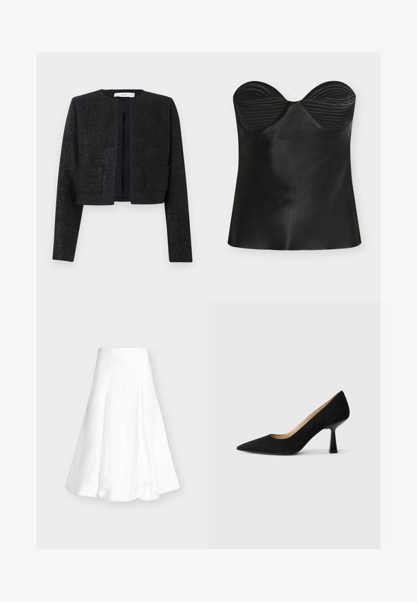 Blazer court texturé noir avec manches longues, devant ouvert et deux poches plaquées à l'avant.; Haut noir sans bretelles avec détails nervurés contourés au niveau de la poitrine. Tissu lisse et brillant avec une silhouette ajustée et un ourlet droit.; Jupe midi blanche taille haute avec un ourlet bouffant et des coutures verticales sur un fond gris clair uni.; Pompe à talons hauts en suède noir avec un bout pointu, dotée d'un talon bloc noir brillant et d'une doublure intérieure lisse.