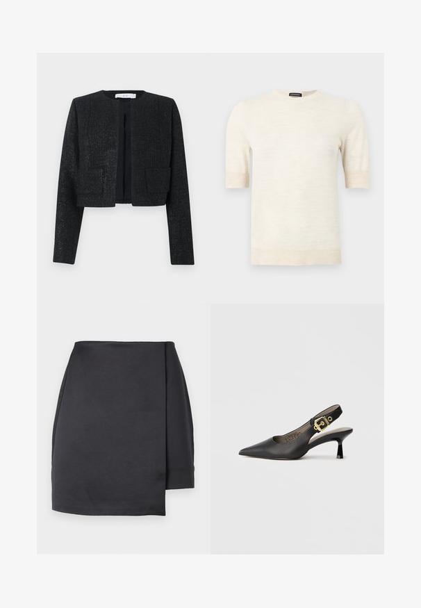 Blazer court texturé noir avec manches longues, devant ouvert et deux poches plaquées à l'avant.; Pull à manches courtes de couleur crème avec col rond, poignets et ourlet côtelés, étiquette « SUPREME MERINO » au col.; Mini-jupe asymétrique noire avec un pan avant style portefeuille sur fond blanc.; Chaussure à talon haut noire à bride arrière, avec un bout pointu, une texture en cuir lisse et une accent de boucle dorée sur la bride.