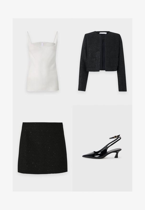Blazer court texturé noir avec manches longues, devant ouvert et deux poches plaquées à l'avant.; Haut sans manches blanc avec une partie supérieure lisse et une texture plissée en bas. Dispose de fines bretelles et d'un ourlet droit.; Mini-jupe noire texturée avec de subtiles paillettes brillantes, coupe droite, sans embellissements ni motifs visibles.; Escarpins à brides arrière en cuir verni noir, à bout pointu, avec un petit talon carré et une sangle de cheville ajustable dotée d'une boucle dorée.