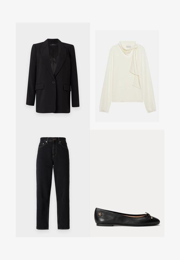 Blazer noir avec un col à pointes, fermeture à un bouton, deux poches avant et un intérieur en satin lisse. Design à coupe droite.; Haut crème à manches longues avec un décolleté en V et un détail de foulard noué au col. Texture lisse avec des manches froncées.; Jeans en denim noir avec une coupe droite, taille haute et coutures contrastantes. Comprend cinq poches et une fermeture à glissière.; Ballerine en cuir noir avec petit nœud et détail de logo doré au talon, semelle plate et bout arrondi.