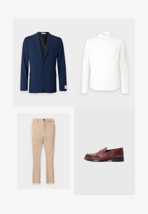 Navyblå herreblazer med to forreste knapper, notch revers, lommer med klap og en brystlomme, vist mod en hvid baggrund.; Hvid skjorte med lange ærmer og knapper, lavet af bomuld, med spids krave og en enkelt lomme på venstre bryst. Glat tekstur.; Beige chinos lavet af glat stof, med lige ben, lommer foran og en enkelt sort knaplukning i taljen.; Burgunderfarvet læder loafer med en glat finish, dekorativ søm og en rund tå. Har en lav sort hæl.