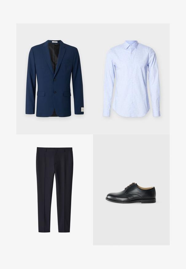 Navyblauwe herenblazer met twee voorste knopen, notch revers, klepzakken en een borstzak, getoond tegen een witte achtergrond.; Lichtblauw overhemd met lange mouwen, gemaakt van zachte stof, met een subtiel bloemenpatroon, knoopsluiting aan de voorkant en een klassieke kraag.; Navy blauwe slim-fit formele broek met riemlussen en zijzakken, voorvouw detail, geschikt voor zakelijke of formele kleding.; Calvin Klein ESS DERBY - Veterschoenen - triple black