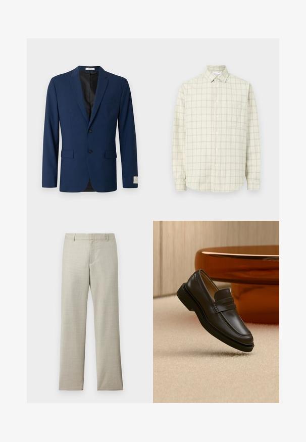 Blazer homme bleu marine avec deux boutons sur le devant, revers crantés, poches à rabat et une poche poitrine passepoilée, présenté sur fond blanc.; Chemise beige à boutons, manches longues avec un motif à carreaux subtil, dotée d'un col pointu et d'une poche poitrine unique sur un fond uni.; Pantalon droit couleur beige clair avec passants pour ceinture, fermeture éclair frontale et texture subtile sur fond blanc.; Mocassin en cuir noir flottant au-dessus d'un tapis beige avec des meubles arrondis marron en arrière-plan.