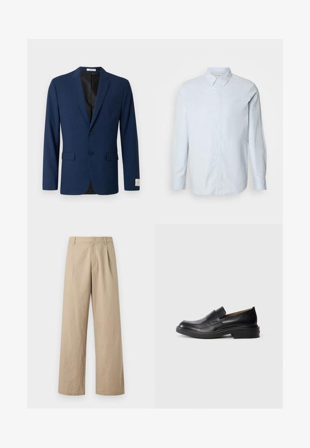 Blazer homme bleu marine avec deux boutons sur le devant, revers crantés, poches à rabat et une poche poitrine passepoilée, présenté sur fond blanc.; Chemise boutonnée bleu clair en coton, dotée de manches longues, d'un col et d'un petit logo sur la poitrine. Texture lisse, coupe standard.; Pantalon beige à jambes larges avec passants de ceinture, fermeture éclair devant, et plis, présenté sur fond blanc.; Chaussure habillée noire en cuir, à enfiler, avec un petit talon et un logo Calvin Klein discret sur le côté, présentée de profil sur un fond blanc.