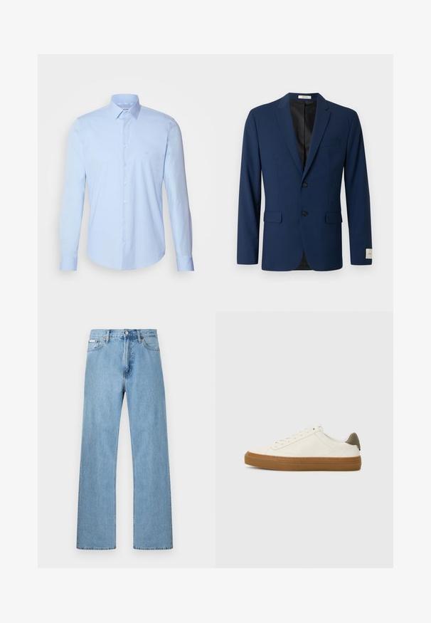 Marineblauer Herrenblazer mit zwei vorderen Knöpfen, Kerb-Revers, Pattentaschen und einer Brustleistentasche, vor weißem Hintergrund gezeigt.; Hellblaues Button-up-Hemd aus Baumwolle, mit klassischem Kragen, langen Ärmeln und kleinem Logo auf der Brust. Glatte Textur.; Hellblaue gerade geschnittene Jeans im Five-Pocket-Design mit Knopfverschluss an der Taille, präsentiert vor einem schlichten Hintergrund.; Weiße Leder-Sneaker mit abgerundetem Zehenbereich, Gummisohle in Kautschukoptik und olivgrünem Fersenakzent. Besitzt eine Schnürung und minimales Nähen.