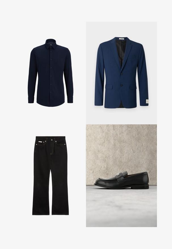 Marineblauer Herrenblazer mit Kerbkragen, zwei schwarzen Knöpfen, Pattentaschen, Brusttasche und schwarzer Innenfütterung.; Marineblaue Langarmhemd aus gewebtem Stoff, mit klassischem Kragen, geradem Schnitt und vorderer Knopfverschluss.; Schwarze Jeans mit geradem Bein, oranger Naht, fünf Taschen, Knopfverschluss und kleinem Calvin Klein-Label auf der vorderen rechten Tasche.; Schwarzer Lederloafer mit einer Metallmarkenplatte, der nahe einem braunen runden Tisch auf beigem Teppichboden ruht.
