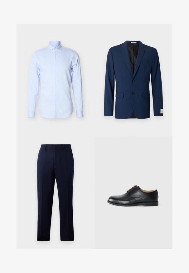 Blazer homme bleu marine avec deux boutons sur le devant, revers crantés, poches à rabat et une poche poitrine passepoilée, présenté sur fond blanc.; Chemise bleu clair à manches longues en coton texturé avec une patte de boutonnage à l'avant, un col et de discrètes rayures verticales.; Pantalon marine en tissu lisse, avec une coupe droite classique, des poches frontales et une fermeture à bouton à la taille.; Calvin Klein ESS DERBY - Derbies - triple black