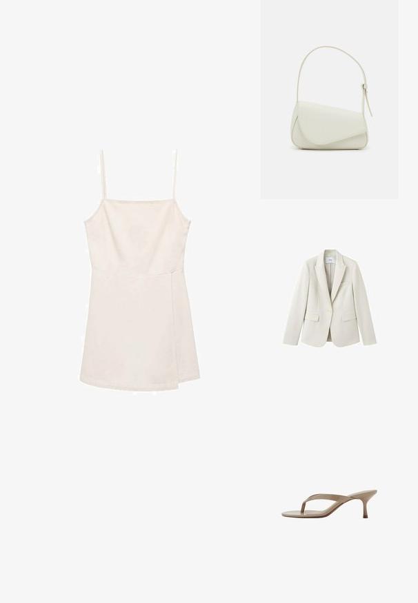 Crèmewitte op maat gemaakte blazer met notch-revers, éénknopsluiting en drie voorzakken, weergegeven op een witte achtergrond.; Lichtbeige mouwloze top met dunne bandjes, met een eenvoudig recht ontwerp en een gladde, licht glanzende textuur. Geen patronen of accenten.; Beige lakleren sandalen met hak, een spitse kittenhak en een smalle zool, zijaanzicht op een witte achtergrond.; Witte nepleren handtas met een gestructureerde driehoekige vorm, een enkele verstelbare schouderriem en een klep met ronde accenten.