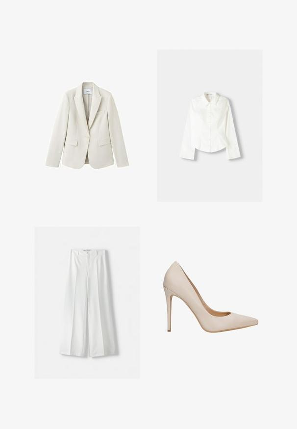 Crèmewitte op maat gemaakte blazer met notch-revers, éénknopsluiting en drie voorzakken, weergegeven op een witte achtergrond.; Wit katoenen overhemd met lange mouwen. Voorzien van een spitse kraag, knoopsluiting aan de voorkant en een gebogen zoom. Gladde textuur, minimalistisch ontwerp.; Witte wijde pantalons met een hoge taille, middenvouw en klassieke knoopsluiting. Gemaakt van een soepele stof met een verfijnd ontwerp.; Beige leren pumps met hoge hak, een spitse neus, een gladde textuur en een slanke stilettohak. Minimalistisch ontwerp zonder extra versieringen.