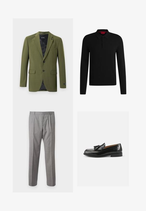 Oliven grøn herreblazer med to sorte knapper, spidse revers, to forreste klaplommer, brystlomme og sort foring.; Sort langærmet polo shirt lavet af glat stof, med en klassisk krave og placket med tre knapper, samt et rødt logo label indeni halsudskæringen.; Grå, stribede bukser med skræddersyet pasform, der har foranfald, bæltestropper og en glat struktur. Lige ben design, rene manchetter.; Sorte læder loafers med en kvastdetalje, en rund dramatisk tå og en glat overflade. Sålens flade design har et minimalt mønster.