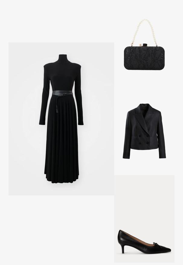 Dobbeltbroderet sort blazer, lavet af struktureret stof, med en slå-krave, to forlommer og seks sorte knapper.; Norma Kamali SHOULDER PAD TURTLE FLARED DRESS TO MIDCALF - Jerseykjole - black; Sort læder pumps med spids tå, lav kittenhæl og en lille dekorativ sløjfe på toppen, vist i profil mod en hvid baggrund.; Sort rektangulær clutch med paliet- og blonde tekstur, perlebesat håndtag og en guldfarvet lås på toppen.