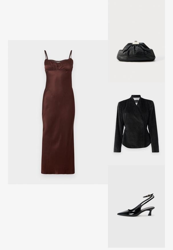 Sort wrap-jacket i tekstureret stof med subtil glans, lange ærmer og en tætsiddende silhuet; ingen synlige lukninger.; Satin midi kjole i mørkebrunt med tynde justerbare stropper, tætsiddende overdel, rynkedetaljer ved brystet og glat tekstur.; Sorte patenterede læderslingbacks med spidse tæer, lav blokhælt og justerbar ankelrem med guldspænde.; Sort læderclutch med en samlet tekstur, metal lukning og diskret præget logo på forsiden. Rundet form.