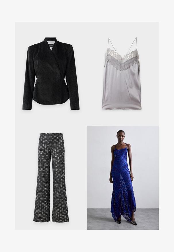 Sort wrap-jacket i tekstureret stof med subtil glans, lange ærmer og en tætsiddende silhuet; ingen synlige lukninger.; Sølv satin camisole med blondetrim langs V-udskæringen og tynde spaghetti-stropper på en ensfarvet baggrund.; Sorte bukser med bred benåbning, der har en paillettekstur med sølvaccenter, hvilket skaber et mønstrets udseende over hele stoffet.; Blå og lilla dyreprint maxi kjole med tynde stropper, en tætsiddende bodice, flagrende kant og gennemsigtig overlay-detaljering.
