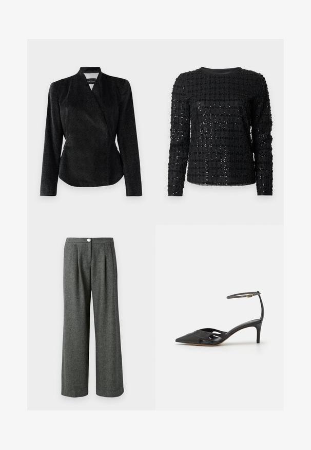 Sort wrap-jacket i tekstureret stof med subtil glans, lange ærmer og en tætsiddende silhuet; ingen synlige lukninger.; Sort langærmet top med et ternet mønster af små, skinnende perler på et glat stof. Rund halsudskæring og tætsiddende silhuet.; Grå, vide benbukser i et struktureret hørmønster med frontfolder og en knaplukning i taljen.; Sort læder højhælet sko med spids tå, åbne sider og en tynd ankelrem med en lille guld detalje.