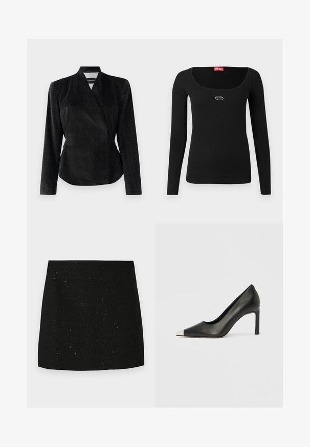 Sort wrap-jacket i tekstureret stof med subtil glans, lange ærmer og en tætsiddende silhuet; ingen synlige lukninger.; Sort langærmet top lavet af ribstrikket stof, med en bred rund halsudskæring og et lille sølvfarvet logo på brystet. Glat tekstur.; Sort struktureret mini nederdel med subtile glitrende prikker, lige snit, og uden synlige dekorationer eller mønstre.; Sort læder højhælet sko med spids tå og metal-sølv hætte. Har en glat finish og en slank hæl på 10 cm.