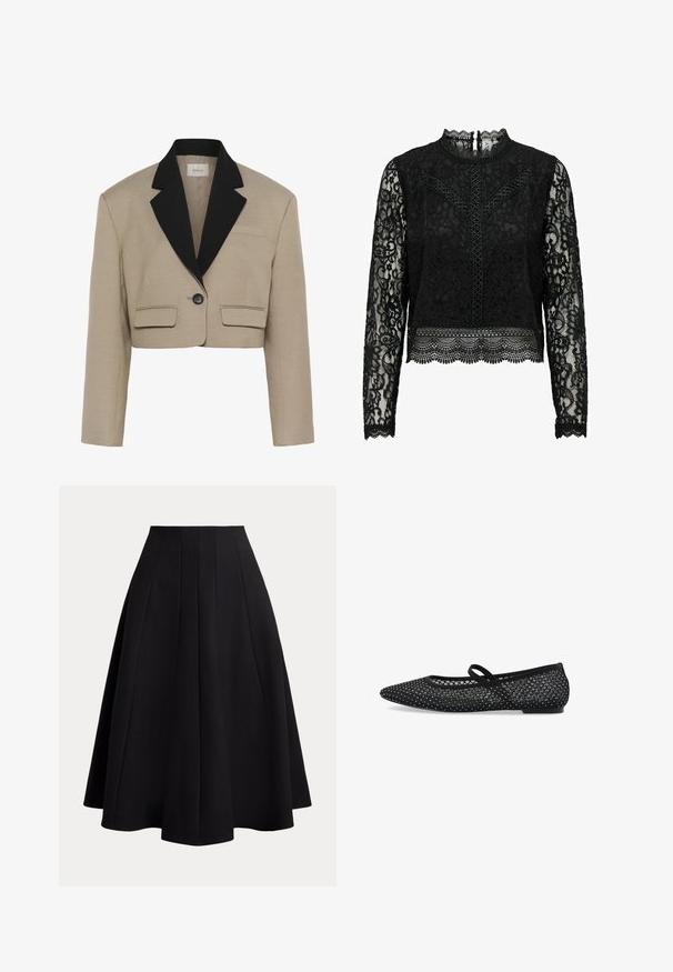 Blazer beige cropped à manches longues, larges revers noirs, un seul bouton noir et deux poches à rabat à l'avant.; Haut à manches longues en dentelle noire avec un col haut, des motifs floraux intriqués, un ourlet festonné et une fermeture à boutons au dos.; Jupe noire en forme A avec une taille ajustée, design plissé, texture lisse et ourlet au niveau du genou, fabriquée en tissu léger.; Chaussure plate noire avec un design à bout pointu, tige en maille avec des accents en strass, et une fine bride pour un maintien sécurisé. Semelle plate.