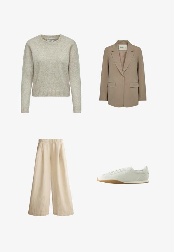 Beige dameblazer med enkelt knap, hakket revers, to klaplommer og en label inde i kraven med teksten "IVY CPH".; Lys beige damestriktrøje lavet af blødt strikstof, med rund halsåbning og ribstrikkede manchetter og kant. Klassisk, lige skåret design.; Beige vide bukser med elastisk talje og subtil vertikal tekstur, designet til en løs og komfortabel pasform.; Hvid lav sneaker med brun gummisål, syningsdetaljer, snørelukning foran og broderet logo på siden.