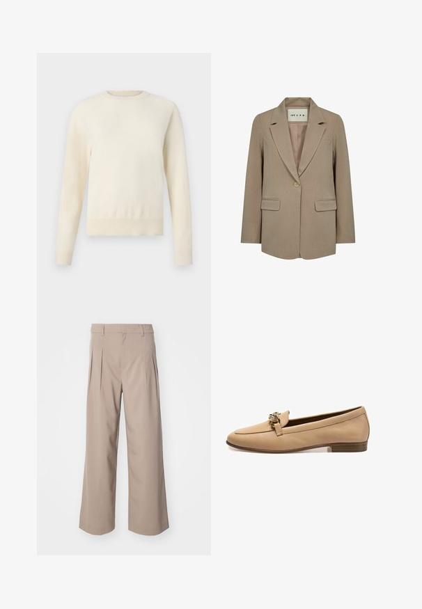 Beige dameblazer med enkelt knap, hakket revers, to klaplommer og en label inde i kraven med teksten "IVY CPH".; Lys cremefarvet sweater med lange ærmer, rund halsudskæring og ribbenet kant. Lavet af et blødt materiale med en glat tekstur.; Beige brede bukser med læg, lavet af glat stof. Har en mellemhøj talje og en ren, skræddersyet silhuet.; Beige læder loafers med flad hæl, der har en dekorativ guldkæde hen over fronten. Glat tekstur, minimalistisk design.