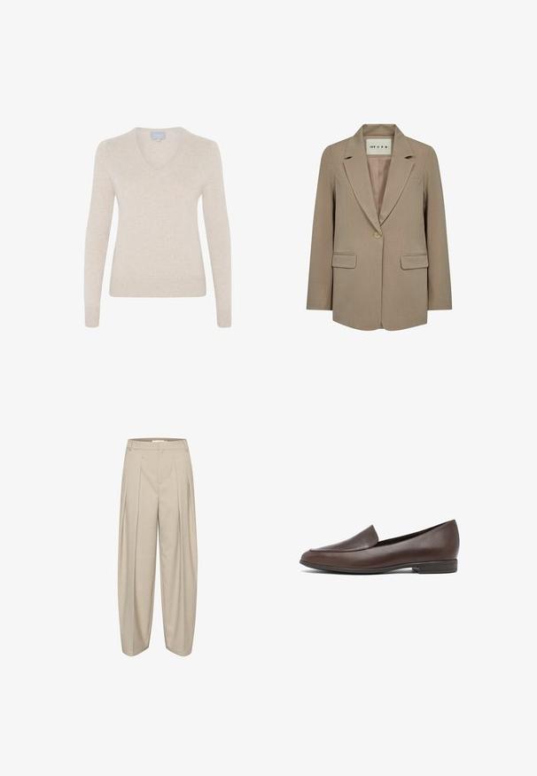 Beiger Damenblazer mit einem Knopf, Reverskragen mit Kerbe, zwei Pattentaschen und einem Etikett im Kragen mit der Aufschrift "IVY CPH."; Beiger V-Ausschnitt-Pullover aus weichem Material, mit langen Ärmeln, taillierter Silhouette und geripptem Saum. Keine Muster oder sichtbare Hardware.; Beige Hochwasserhose mit Falten, aus strukturiertem Stoff, mit hoher Taille und einem klaren, maßgeschneiderten Design.; Brauner Leder-Slipper mit niedrigem, gestapeltem Absatz und abgerundeter Zehenpartie, im Profil auf weißem Hintergrund dargestellt.