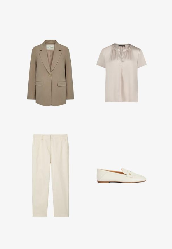 Beiger Damenblazer mit einem Knopf, Reverskragen mit Kerbe, zwei Pattentaschen und einem Etikett im Kragen mit der Aufschrift "IVY CPH."; Beige Satinbluse mit kurzen Ärmeln, gerafftem Ausschnitt, V-förmigem Schlitz vorne und weiter Passform, am Kragenetikett mit "Betty Barclay" beschriftet.; Marc O'Polo MODERN STYLE TAPERED LEG HIGH RISE WELT POCKET - Chino - chalky sand; Weiße Ledermokassins mit einer flachen braunen Sohle, einem genähten Obermaterial, einem kleinen dekorativen Riemen und einem goldenen Akzentdetail.