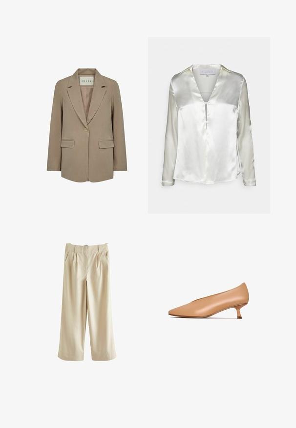 Blazer beige pour femme à un bouton avec revers crantés, deux poches à rabat et une étiquette à l'intérieur du col indiquant "IVY CPH".; STUDIO ID ALYSSA - Blouse - champagne; Next SMART WIDE LEG - Pantalon classique - stone; Talons en cuir nude avec un bout pointu, petit talon et texture lisse. Design minimaliste sans motifs visibles ni détails en métal.