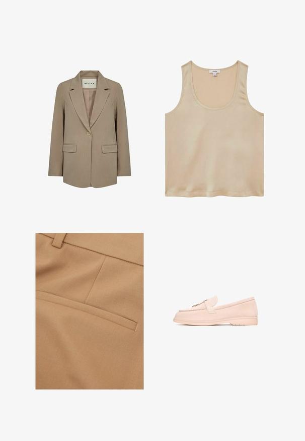 Beige dameblazer med enkelt knap, hakket revers, to klaplommer og en label inde i kraven med teksten "IVY CPH".; Reiss REGULAR FIT - Bluse - neutral; Nærbillede af beige stof med en vandret paspoleret lomme og syede sømdetaljer på skræddersyet tøj.; Beige ruskinds loafers med en rund tå, der har et lille dekorativt bånd og en flad gummisål. Glat overflade med minimal syning.