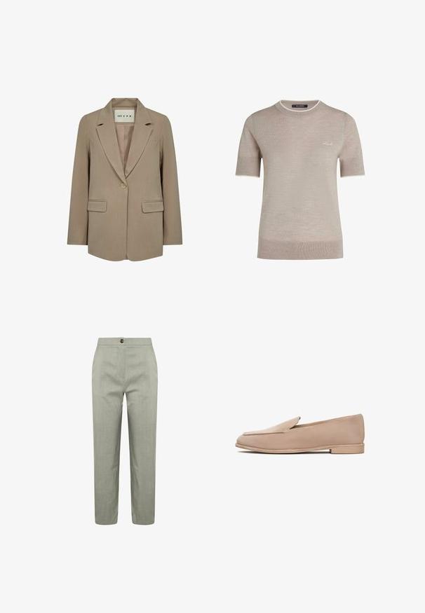Beige dameblazer med enkelt knap, hakket revers, to klaplommer og en label inde i kraven med teksten "IVY CPH".; Beige strikket trøje med korte ærmer og rund hals, med diskret hvid kant og lille hvid "Karl" brodering på brystet.; Lysegrå bukser med lige snit, fremstillet af fint struktureret stof, med knaplukning og subtile pressefolder.; Beige ruskind loafers med flad sål, en diskret spids tå og minimal syning langs kanterne. Glat tekstur hele vejen rundt.