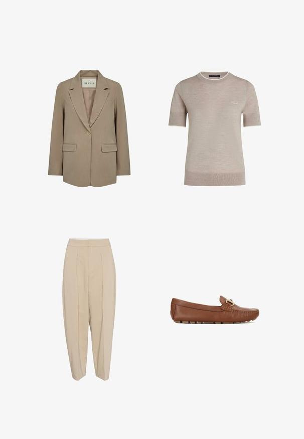 Beige dameblazer med enkelt knap, hakket revers, to klaplommer og en label inde i kraven med teksten "IVY CPH".; Beige strikket trøje med korte ærmer og rund hals, med diskret hvid kant og lille hvid "Karl" brodering på brystet.; Beige skræddersyede bukser med høj talje, plisseret forside og smal nederdel. Stoffet ser glat ud med en subtil glans. Ingen synlige lommer.; Brune lædersko med rundet tå, dekorative sømme og en guldfarvet detalje. Sålen har små, teksturerede gummipigge.