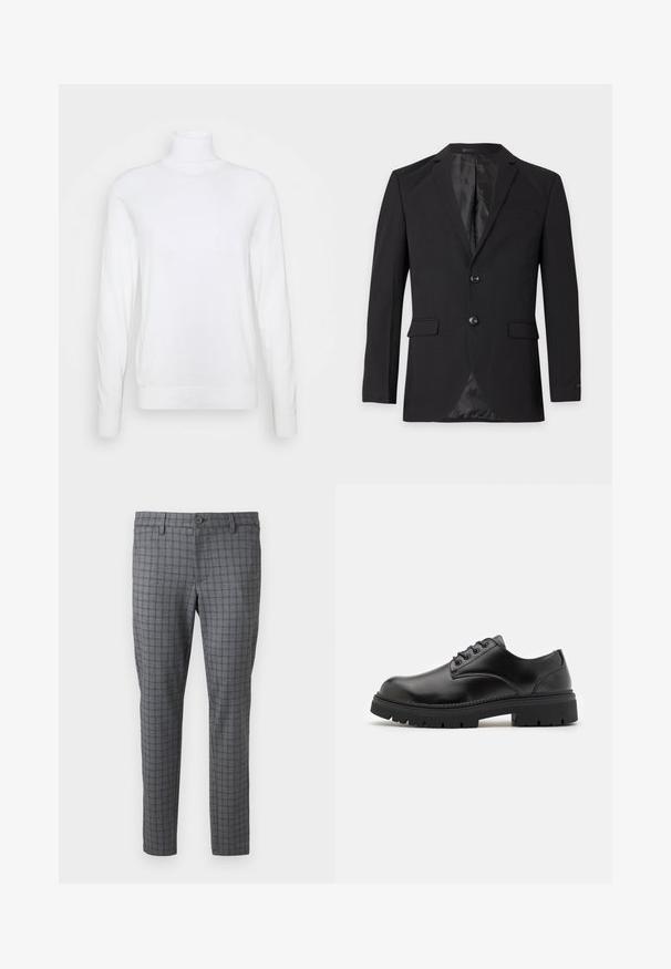 Blazer formel noir pour homme avec deux boutons, revers crantés, poches à rabat et une poche poitrine passepoilée, présenté sur un fond uni.; Pull à col roulé blanc avec des manches longues, fabriqué en tissu lisse. Présente un design ajusté et des poignets et un ourlet côtelés. Pas de motifs ni d'accents.; Pantalons à carreaux gris avec un motif à fines cases, fabriqués à partir d'un tissu lisse. Dotés d'une fermeture à bouton et d'une coupe ajustée.; Chaussures en cuir noir avec un bout rond, un laçage et une semelle en caoutchouc épaisse et texturée. Présente des coutures le long du bord et une finition lisse.