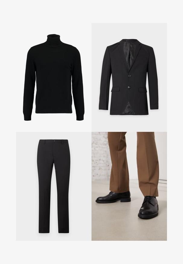 Blazer formel noir pour homme avec deux boutons, revers crantés, poches à rabat et une poche poitrine passepoilée, présenté sur un fond uni.; Un pull à col roulé noir en matière tricotée douce. Il possède des manches longues, un col et un ourlet côtelés. Son design est simple et épuré, sans motifs.; Pantalon noir sur mesure avec une coupe droite, doté d'une fermeture à bouton et de passants pour ceinture. Confectionné dans un tissu lisse sans motifs apparents.; Chaussures en cuir noir avec une surface lisse et un bout arrondi, dotées d'un système de laçage et d'une semelle plate et basse. Associées à un pantalon marron.