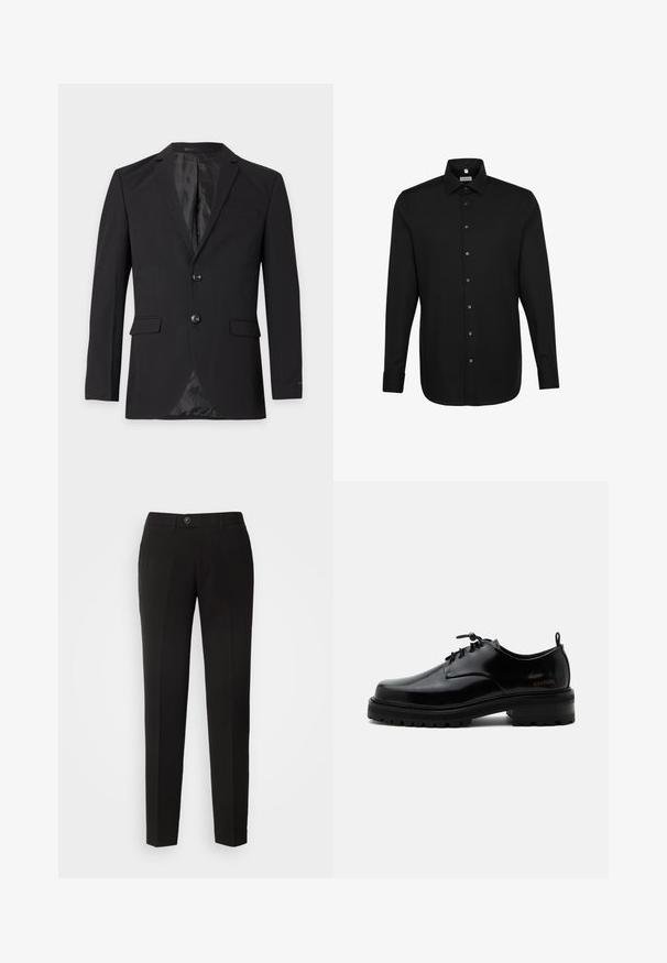 Blazer formel noir pour homme avec deux boutons, revers crantés, poches à rabat et une poche poitrine passepoilée, présenté sur un fond uni.; Chemise noire à manches longues avec col pointu et poignets standards, présentée sur un fond blanc.; Pantalons droits noirs en tissu lisse, dotés d'une fermeture à bouton et de poches latérales avec un design classique.; Chaussure en cuir noir poli à lacets, semelle en caoutchouc épaisse et talon bas, texte de marque "SAMSOE" sur le côté et languette arrière.