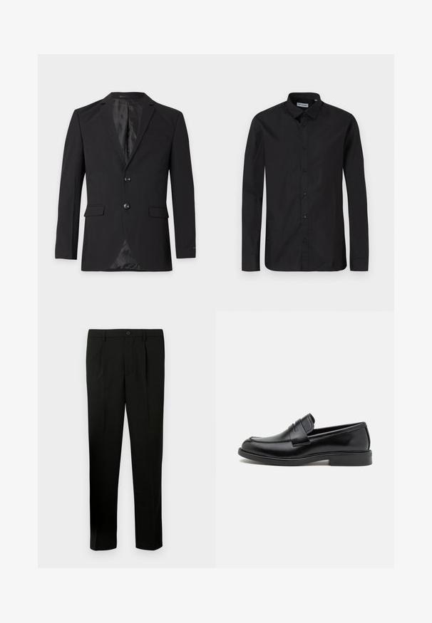 Blazer formel noir pour homme avec deux boutons, revers crantés, poches à rabat et une poche poitrine passepoilée, présenté sur un fond uni.; Chemise noire à manches longues avec un col classique, fabriquée en tissu lisse, dotée de boutons à l'avant et d'une coupe classique.; Pantalon noir ajusté avec un devant plat, deux plis, une fermeture à bouton, des poches latérales et une coupe droite. Fabriqué à partir d'un tissu lisse.; Mocassins en cuir noir avec un bout arrondi, des détails cousus sur le cou-de-pied et une semelle en caoutchouc plate pour l'adhérence. Texture lisse dans l'ensemble.