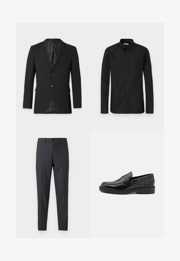 Blazer formal negro para hombre con dos botones, solapas con muesca, bolsillos con solapa y un bolsillo en el pecho, mostrado sobre un fondo liso.; Camisa de botón negra de manga larga con collar clásico, hecha de una tela suave, con botones frontales y un diseño de corte regular.; Pantalones de vestir ajustados de color gris oscuro con botón delantero y presillas para cinturón, mostrados planos sobre un fondo blanco.; Mocasines de cuero negro con un acabado suave, punta redondeada, tacón bajo y costura decorativa en la parte delantera. Suela de goma para mayor agarre.