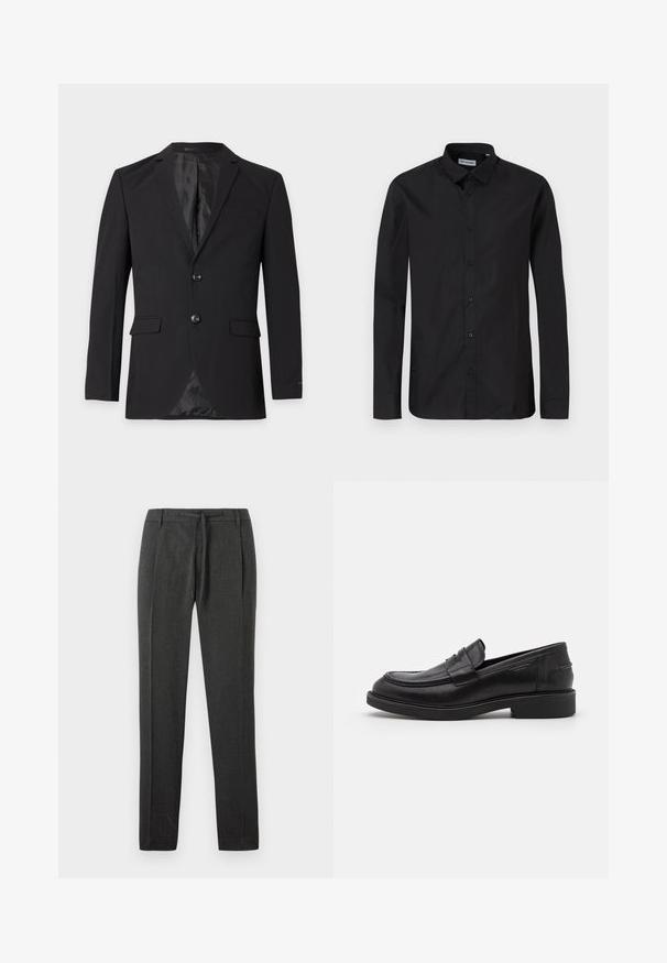 Sort herre formel blazer med to knapper, hakkeslag, klaplommer og en brystlomme med kant, vist mod en ensfarvet baggrund.; Sorte langærmede skjorte med klassisk krave, lavet af glat stof, med frontknapper og en almindelig pasform.; Mørkegrå bukser med struktureret stof, lige ben-design, forknyttede folder og en talje med snor. Ingen synlige lommer eller detaljer.; Sorte læder loafers med en rund tå, tonale syninger og en stropdetalje foran. Gummisål med en lav hæl.