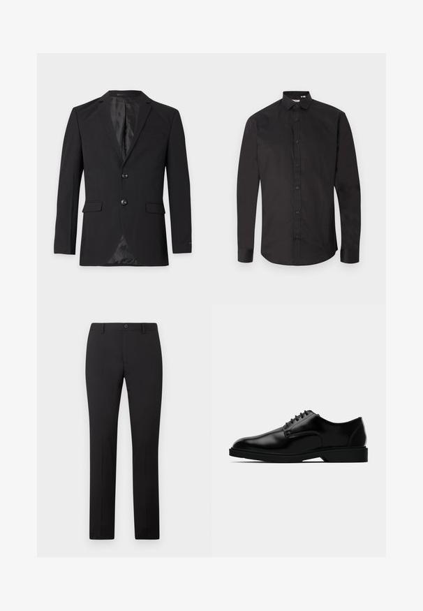Μαύρο επίσημο blazer ανδρών με δύο κουμπιά, πέτα με αυλάκι, τσέπες με καπάκι και τσέπη στο στήθος, εμφανιζόμενο σε απλό φόντο.; Μαύρο μακρυμάνικο πουκάμισο από απαλό βαμβάκι, με εμπρόσθιο κλείσιμο με κουμπιά, κλασικό γιακά και κυρτή γραμμή στο τελείωμα. Απλός σχεδιασμός, χωρίς σχέδια.; Μαύρο παντελόνι με εφαρμοστή γραμμή και ίσια γραμμή στα πόδια, διαθέτει κλείσιμο με κουμπί και θηλιές για ζώνη. Κατασκευασμένο από λείο ύφασμα χωρίς ορατά σχέδια.; Μαύρο δερμάτινο παπούτσι με λείο φινίρισμα, στρογγυλή μύτη, σχέδιο με κορδόνια και διακριτική καουτσούκ σόλα για πρόσφυση.