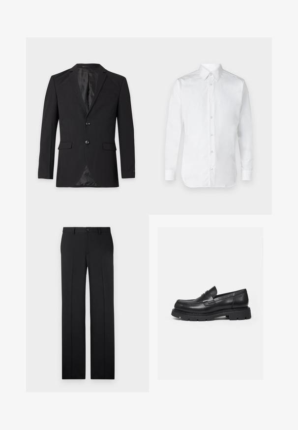 Schwarzer formeller Herrenblazer mit zwei Knöpfen, Kerbkragen, Pattentaschen und einer Brustleistentasche, vor einfarbigem Hintergrund.; Weißes Hemd mit langen Ärmeln, aus glattem Baumwollstoff, mit einem klassischen Kragen und subtiler Glanz. Fünf Knöpfe vorne.; Schwarze, maßgeschneiderte Hose mit geradem Bein, glattem Stoff, vorderen Falten und einem einzelnen Knopfverschluss an der Taille.; Schwarzer Lederloafer mit dicker, profilierter Sohle und Pennyriemen-Detail, von der rechten Seitenansicht auf weißem Hintergrund gezeigt.