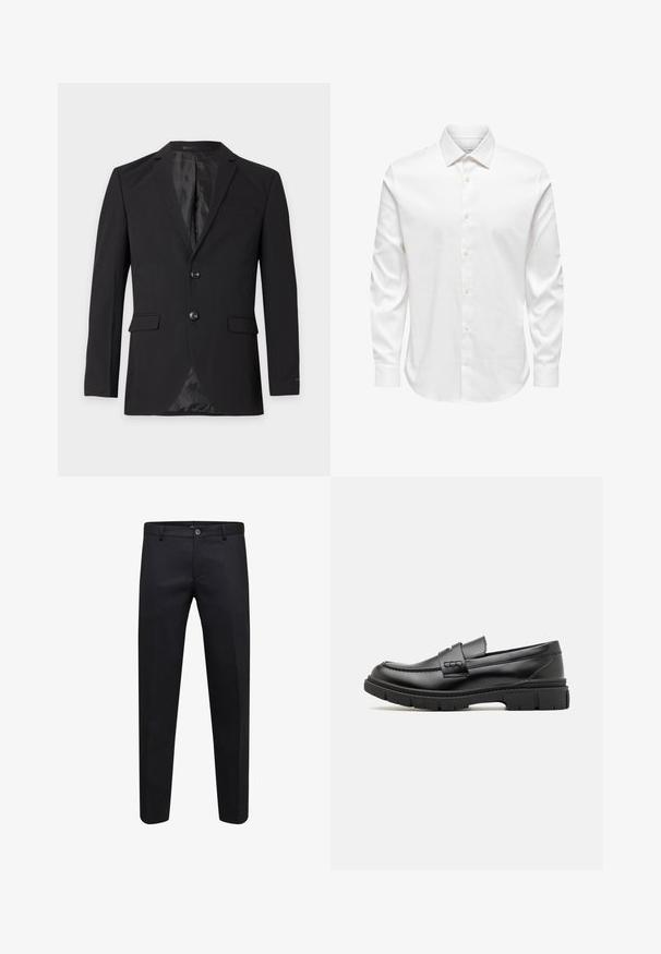 Sort herre formel blazer med to knapper, hakkeslag, klaplommer og en brystlomme med kant, vist mod en ensfarvet baggrund.; Hvid herreskjorte med lange ærmer, spids krave og række af hvide knapper foran på ensfarvet baggrund.; Sorte formelle bukser med knap og lynlås, lige snit og bæltestropper, vist på hvid baggrund.; Sort læder loafersko med en bred rem over forfoden, gummisål med tykke mønstre og glat overflade. Klassisk, slankt design.