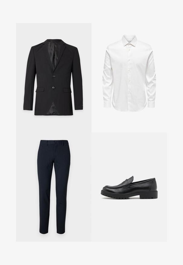 Μαύρο επίσημο blazer ανδρών με δύο κουμπιά, πέτα με αυλάκι, τσέπες με καπάκι και τσέπη στο στήθος, εμφανιζόμενο σε απλό φόντο.; Άσπρο ανδρικό πουκάμισο με μακρύ μανίκι, μυτερό γιακά και μπροστινή σειρά λευκών κουμπιών σε μονόχρωμο φόντο.; Ναυτικές παν trousers με λεπτές κατακόρυφες ρίγες, φτιαγμένες από ομαλό ύφασμα. Διαθέτουν κλείσιμο με κουμπί και κομψή εφαρμογή με ίσιες γραμμές.; Μαύρες δερματίνες λόφερ με στρογγυλή μύτη, σχέδιο slip-on και παχιά ελαστική σόλα με υφή. Υψωμένη φτέρνα και διακριτικές ραφές.
