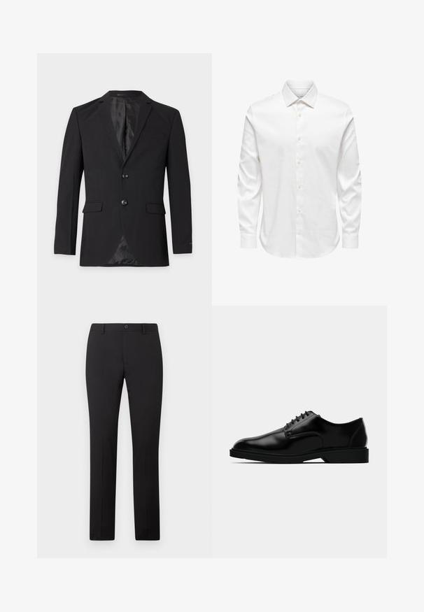 Blazer formel noir pour homme avec deux boutons, revers crantés, poches à rabat et une poche poitrine passepoilée, présenté sur un fond uni.; Chemise blanche pour homme à manches longues avec col pointu et rangée avant de boutons blancs sur fond uni.; Pantalon noir sur mesure avec une coupe droite, doté d'une fermeture à bouton et de passants pour ceinture. Confectionné dans un tissu lisse sans motifs apparents.; Chaussure habillée en cuir noir avec une finition lisse, bout rond, système de laçage, et semelle en caoutchouc discrète pour une meilleure traction.