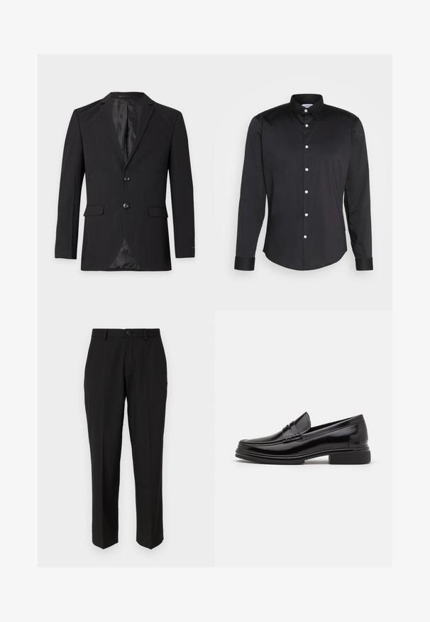 Sort herre formel blazer med to knapper, hakkeslag, klaplommer og en brystlomme med kant, vist mod en ensfarvet baggrund.; Sort langærmet skjorte lavet af glat stof, med spidse krave, frontlukning med hvide knapper og enkeltknapmanchetter.; Sorte bukser lavet af glat stof, med lige ben design, forlommer, en enkelt knaplukning, og uden synlige mønstre.; Sorte læder loafers med en rund tå, der har en syet detalje over vristen og en lav blokhæl. Glat tekstur og blank finish.