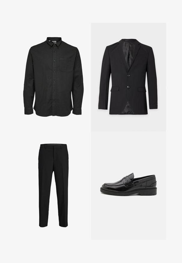 Sort herre formel blazer med to knapper, hakkeslag, klaplommer og en brystlomme med kant, vist mod en ensfarvet baggrund.; Sort langærmet skjorte med knapper i bomuldsstof, med standard krave, brystlomme og matchende sorte knapper.; Sorte bukser lavet af glat stof, med lige snit, bæltestropper og et fladt frontdesign uden synlige mønstre eller pyntegenstande.; Sorte læder loafers med en glat finish, rund tå, lav hæl og dekorativ syning langs forsiden. Gummisål for godt greb.