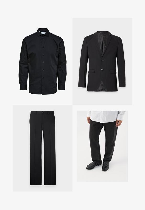 Zwarte formele herenblazer met twee knopen, een inkeping in het revers, klepzakken en een borstzakje, getoond tegen een effen achtergrond.; Heren zwarte blouse met lange mouwen met knoopsluiting aan de voorkant en klassieke kraag, gemaakt van gladde stof.; Zwarte, op maat gemaakte broek met een rechte pijp, zachte stof, voorvouwen en een enkele knoopsluiting in de taille.; Zwarte denim broek gecombineerd met glanzende zwarte instappers. Het shirt is wit met dunne verticale strepen, heeft lange mouwen en een geknoopte kraag.
